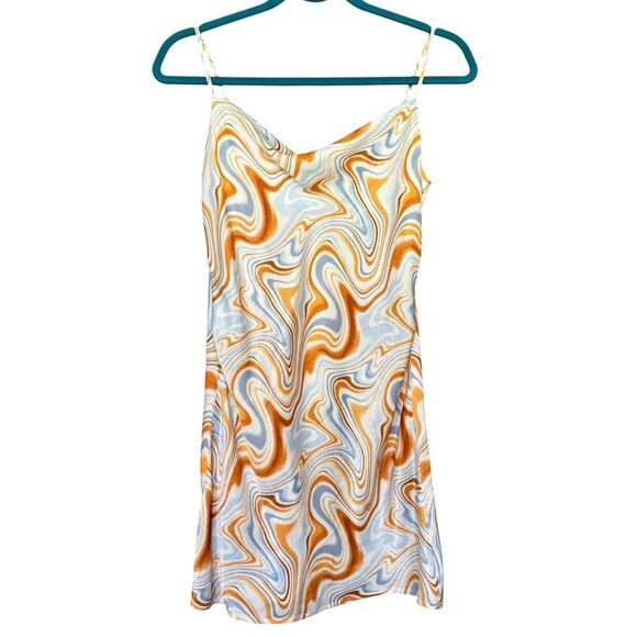 Lush Blue Desert Swirl Pattern Mini Satin Slip Dress Size Small Spring Summer - Picture 10 of 11